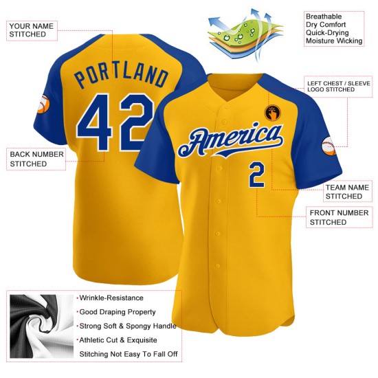 Maillot de baseball personnalisé à manches raglan Royal-White Gold Maillot de baseball personnalisé à manches raglan Royal-White Gold