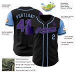 Maillot de baseball bleu personnalisé authentique violet-ton clair deux noirs Maillot de baseball bleu personnalisé authentique violet-ton clair deux noirs