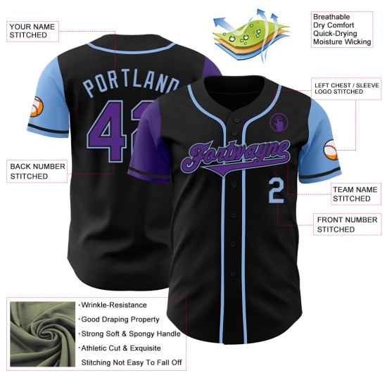 Maillot de baseball bleu personnalisé authentique violet-ton clair deux noirs Maillot de baseball bleu personnalisé authentique violet-ton clair deux noirs