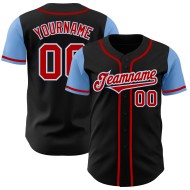 Maillot de baseball bicolore rouge-bleu clair personnalisé noir authentique