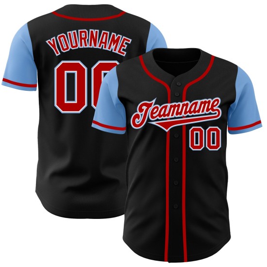 Maillot de baseball bicolore rouge-bleu clair personnalisé noir authentique Maillot de baseball bicolore rouge-bleu clair personnalisé noir authentique
