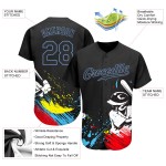 Maillot de baseball personnalisé noir et bleu clair, motif 3D authentique graffiti Maillot de baseball personnalisé noir et bleu clair, motif 3D authentique graffiti