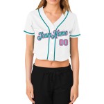 Maillot de baseball personnalisé pour femme, blanc, col en V, court, rose-aqua Maillot de baseball personnalisé pour femme, blanc, col en V, court, rose-aqua