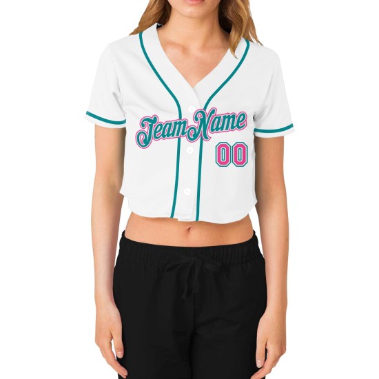 Maillot de baseball personnalisé pour femme, blanc, col en V, court, rose-aqua Maillot de baseball personnalisé pour femme, blanc, col en V, court, rose-aqua