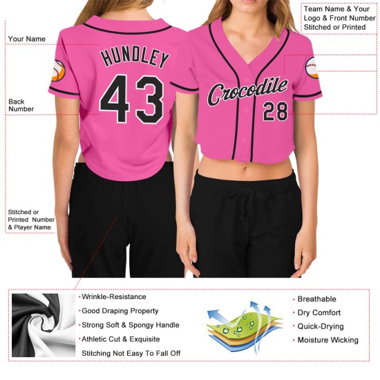 Maillot de baseball court rose à col en V noir et blanc pour femme, personnalisé Maillot de baseball court rose à col en V noir et blanc pour femme, personnalisé