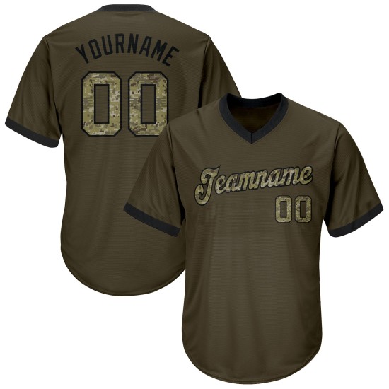 Chemise personnalisée authentique en jersey olive, motif camouflage de baseball, tricot côtelé noir, hommage au service, retour en arrière Chemise personnalisée authentique en jersey olive, motif camouflage de baseball, tricot côtelé noir, hommage au service, retour en arrière