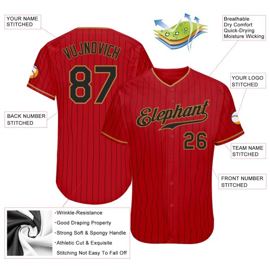 Maillot de baseball authentique à rayures rouges, doré, personnalisé, noir et vieux noir Maillot de baseball authentique à rayures rouges, doré, personnalisé, noir et vieux noir