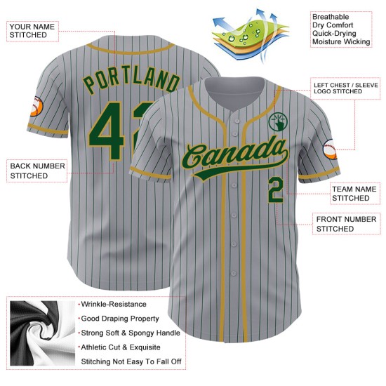 Maillot de baseball authentique gris doré à rayures fines vert ancien Maillot de baseball authentique gris doré à rayures fines vert ancien