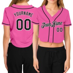 Maillot de baseball court rose à col en V noir et blanc pour femme, personnalisé