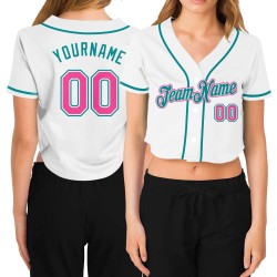 Maillot de baseball personnalisé pour femme, blanc, col en V, court, rose-aqua