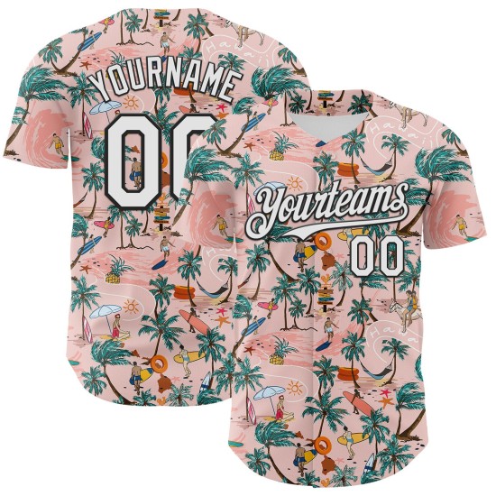 Maillot de surf authentique personnalisé 3D Tropical Tree Beach blanc-noir rose palmier Baseball Hawaii Medium Maillot de surf authentique personnalisé 3D Tropical Tree Beach blanc-noir rose palmier Baseball Hawaii Medium