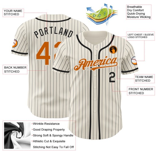 Maillot de baseball authentique à rayures orange, personnalisé, Texas Cream, noir Maillot de baseball authentique à rayures orange, personnalisé, Texas Cream, noir
