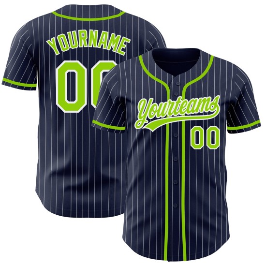 Maillot de baseball personnalisé authentique à rayures fines, bleu marine, vert et blanc Maillot de baseball personnalisé authentique à rayures fines, bleu marine, vert et blanc