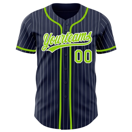 Maillot de baseball personnalisé authentique à rayures fines, bleu marine, vert et blanc Maillot de baseball personnalisé authentique à rayures fines, bleu marine, vert et blanc