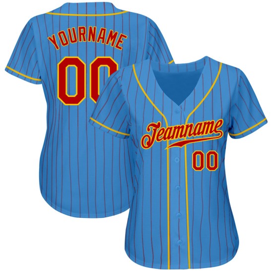 Maillot de baseball rouge personnalisé bleu authentique à fines rayures rouge-or Maillot de baseball rouge personnalisé bleu authentique à fines rayures rouge-or