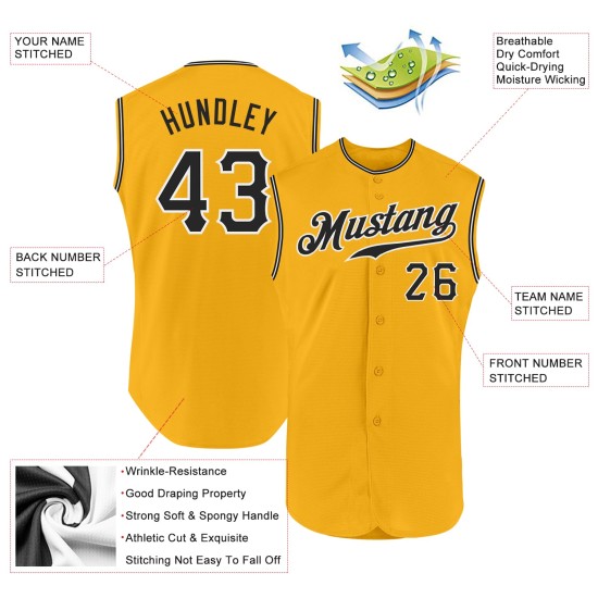 Maillot de baseball sans manches noir et blanc personnalisé, doré, authentique Maillot de baseball sans manches noir et blanc personnalisé, doré, authentique
