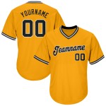 Maillot de baseball rétro authentique en tricot côtelé noir et blanc, personnalisé doré Maillot de baseball rétro authentique en tricot côtelé noir et blanc, personnalisé doré