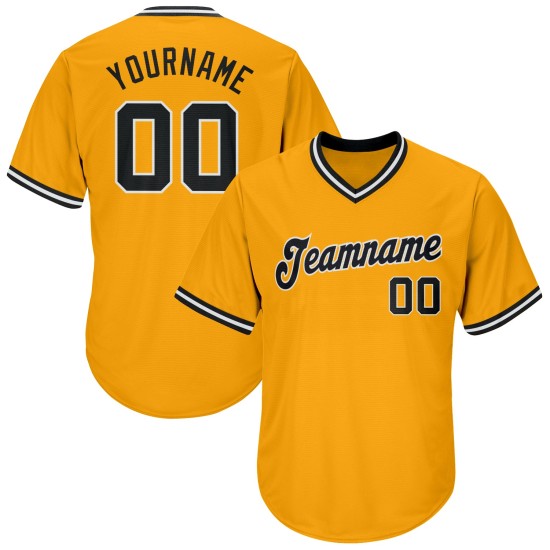 Maillot de baseball rétro authentique en tricot côtelé noir et blanc, personnalisé doré Maillot de baseball rétro authentique en tricot côtelé noir et blanc, personnalisé doré