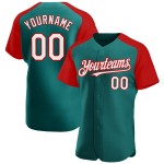 Maillot de baseball personnalisé bleu sarcelle authentique, manches raglan blanches et rouges Maillot de baseball personnalisé bleu sarcelle authentique, manches raglan blanches et rouges