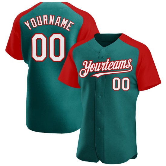 Maillot de baseball personnalisé bleu sarcelle authentique, manches raglan blanches et rouges Maillot de baseball personnalisé bleu sarcelle authentique, manches raglan blanches et rouges