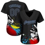 Maillot de baseball personnalisé noir et bleu clair, motif 3D authentique graffiti Maillot de baseball personnalisé noir et bleu clair, motif 3D authentique graffiti