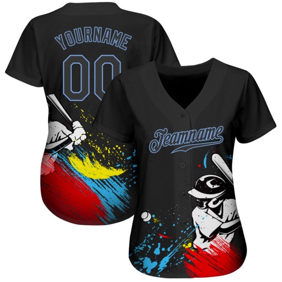 Maillot de baseball personnalisé noir et bleu clair, motif 3D authentique graffiti Maillot de baseball personnalisé noir et bleu clair, motif 3D authentique graffiti