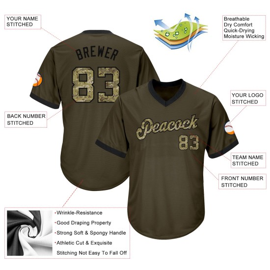 Chemise personnalisée authentique en jersey olive, motif camouflage de baseball, tricot côtelé noir, hommage au service, retour en arrière Chemise personnalisée authentique en jersey olive, motif camouflage de baseball, tricot côtelé noir, hommage au service, retour en arrière