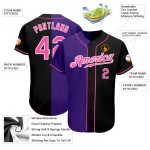 Maillot de baseball noir fendu, rose et violet, personnalisé et authentique Maillot de baseball noir fendu, rose et violet, personnalisé et authentique