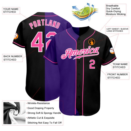 Maillot de baseball noir fendu, rose et violet, personnalisé et authentique Maillot de baseball noir fendu, rose et violet, personnalisé et authentique