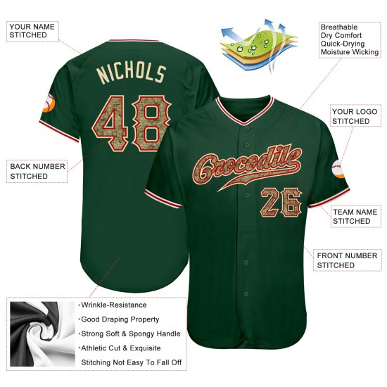Maillot de baseball personnalisé authentique camouflage rouge vert Maillot de baseball personnalisé authentique camouflage rouge vert