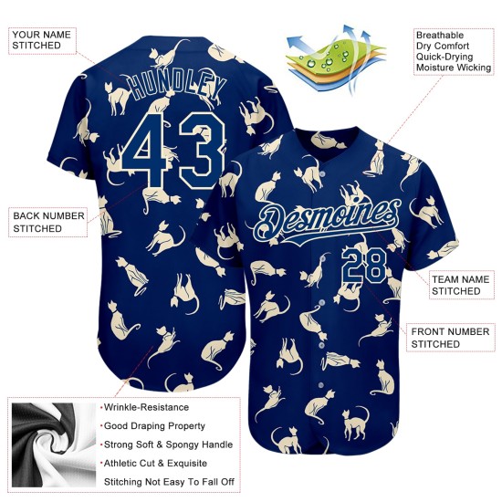 Maillot de baseball américain Cream Cat, motif bleu marine 3D personnalisé authentique Maillot de baseball américain Cream Cat, motif bleu marine 3D personnalisé authentique