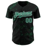 Maillot de baseball Kelly noir, motif authentique, texture abstraite 3D, éclaboussures, vert et blanc, design personnalisé Maillot de baseball Kelly noir, motif authentique, texture abstraite 3D, éclaboussures, vert et blanc, design personnalisé