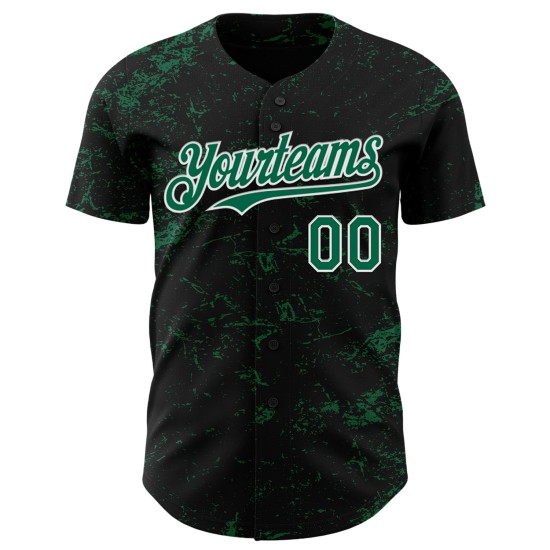 Maillot de baseball Kelly noir, motif authentique, texture abstraite 3D, éclaboussures, vert et blanc, design personnalisé Maillot de baseball Kelly noir, motif authentique, texture abstraite 3D, éclaboussures, vert et blanc, design personnalisé