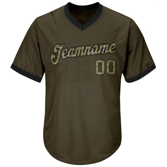 Chemise personnalisée authentique en jersey olive, motif camouflage de baseball, tricot côtelé noir, hommage au service, retour en arrière Chemise personnalisée authentique en jersey olive, motif camouflage de baseball, tricot côtelé noir, hommage au service, retour en arrière