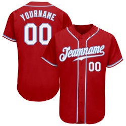 Maillot de baseball personnalisé bleu authentique blanc-rouge clair