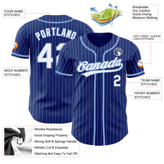 Maillot personnalisé à fines rayures blanc baseball bleu royal clair authentique Maillot personnalisé à fines rayures blanc baseball bleu royal clair authentique