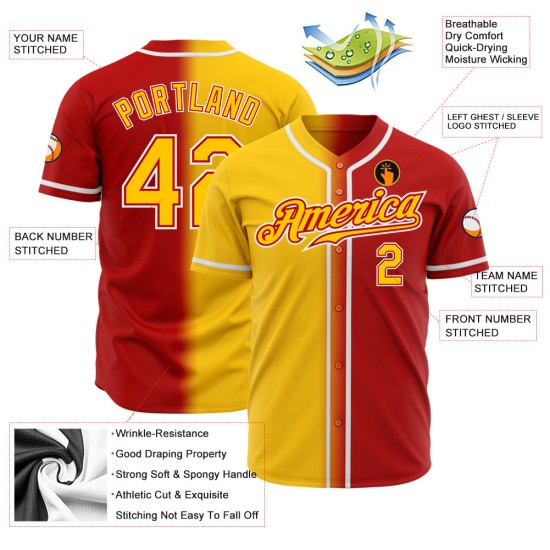Maillot de baseball rouge dégradé personnalisé jaune-blanc authentique à la mode Maillot de baseball rouge dégradé personnalisé jaune-blanc authentique à la mode