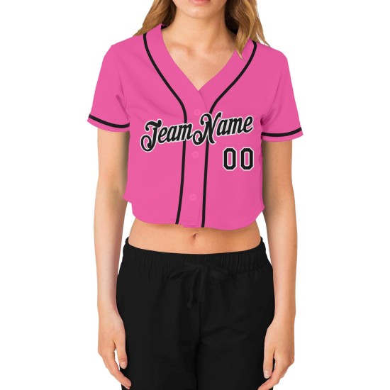 Maillot de baseball court rose à col en V noir et blanc pour femme, personnalisé Maillot de baseball court rose à col en V noir et blanc pour femme, personnalisé