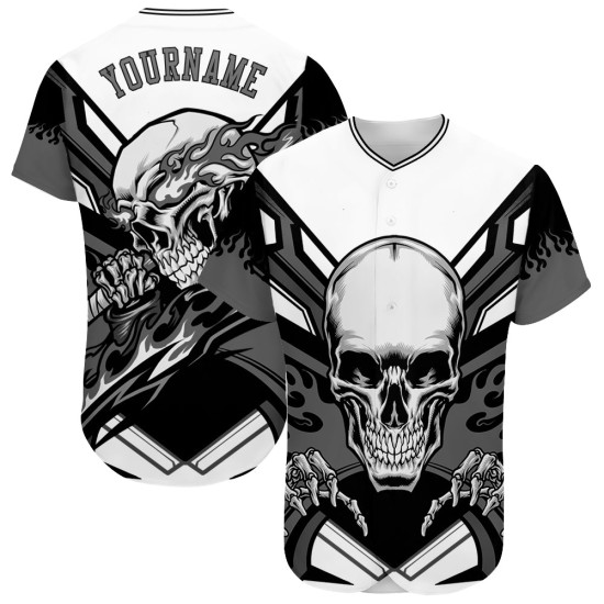 Maillot de baseball personnalisé Skull blanc authentique gris-noir 3D Maillot de baseball personnalisé Skull blanc authentique gris-noir 3D