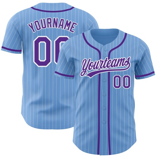 Maillot de baseball bleu violet clair personnalisé authentique à fines rayures blanches Maillot de baseball bleu violet clair personnalisé authentique à fines rayures blanches