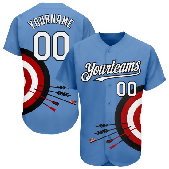 Maillot de baseball bleu à motif 3D blanc-noir, cible personnalisée avec fléchettes, design léger et authentique Maillot de baseball bleu à motif 3D blanc-noir, cible personnalisée avec fléchettes, design léger et authentique