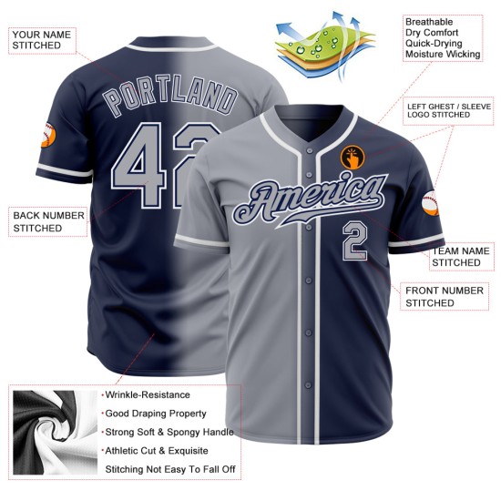 Maillot de baseball personnalisé gris-blanc dégradé bleu marine Maillot de baseball personnalisé gris-blanc dégradé bleu marine