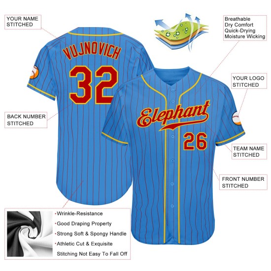 Maillot de baseball rouge personnalisé bleu authentique à fines rayures rouge-or Maillot de baseball rouge personnalisé bleu authentique à fines rayures rouge-or