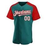 Maillot de baseball personnalisé bleu sarcelle authentique, manches raglan blanches et rouges Maillot de baseball personnalisé bleu sarcelle authentique, manches raglan blanches et rouges