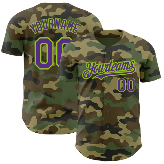 Maillot de baseball camouflage authentique Salute Custom To Purple-Neon Green Maillot de baseball camouflage authentique Salute Custom To Purple-Neon Green