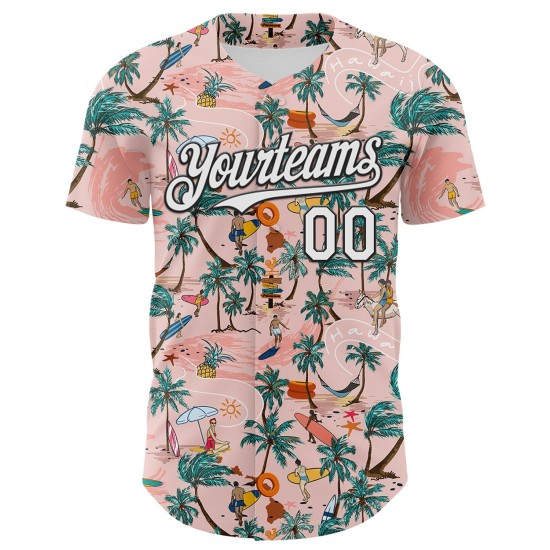 Maillot de surf authentique personnalisé 3D Tropical Tree Beach blanc-noir rose palmier Baseball Hawaii Medium Maillot de surf authentique personnalisé 3D Tropical Tree Beach blanc-noir rose palmier Baseball Hawaii Medium