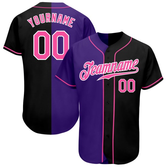 Maillot de baseball noir fendu, rose et violet, personnalisé et authentique Maillot de baseball noir fendu, rose et violet, personnalisé et authentique