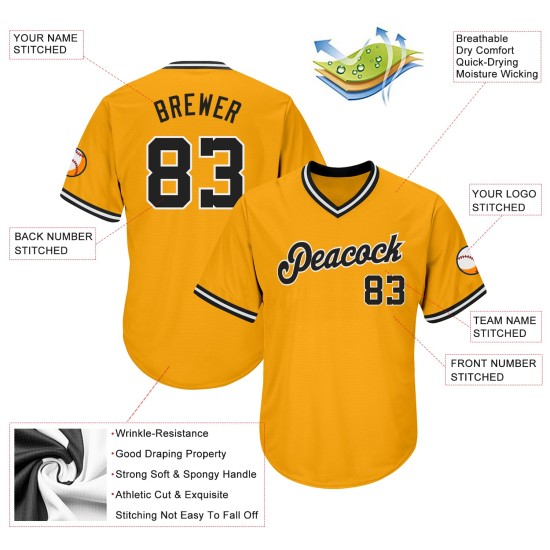 Maillot de baseball rétro authentique en tricot côtelé noir et blanc, personnalisé doré Maillot de baseball rétro authentique en tricot côtelé noir et blanc, personnalisé doré