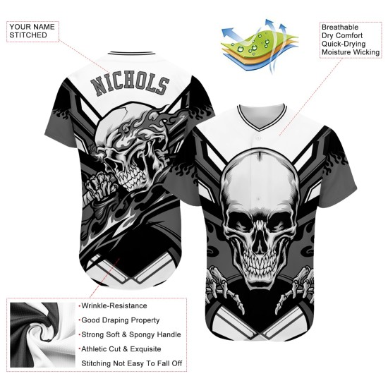 Maillot de baseball personnalisé Skull blanc authentique gris-noir 3D Maillot de baseball personnalisé Skull blanc authentique gris-noir 3D