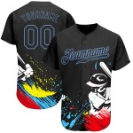 Maillot de baseball personnalisé noir et bleu clair, motif 3D authentique graffiti Maillot de baseball personnalisé noir et bleu clair, motif 3D authentique graffiti